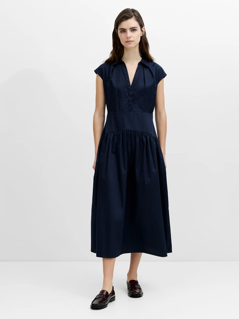 French Connection Alexis Navy Blue Poplin Drop Waist Midi Dress New Navy - 1