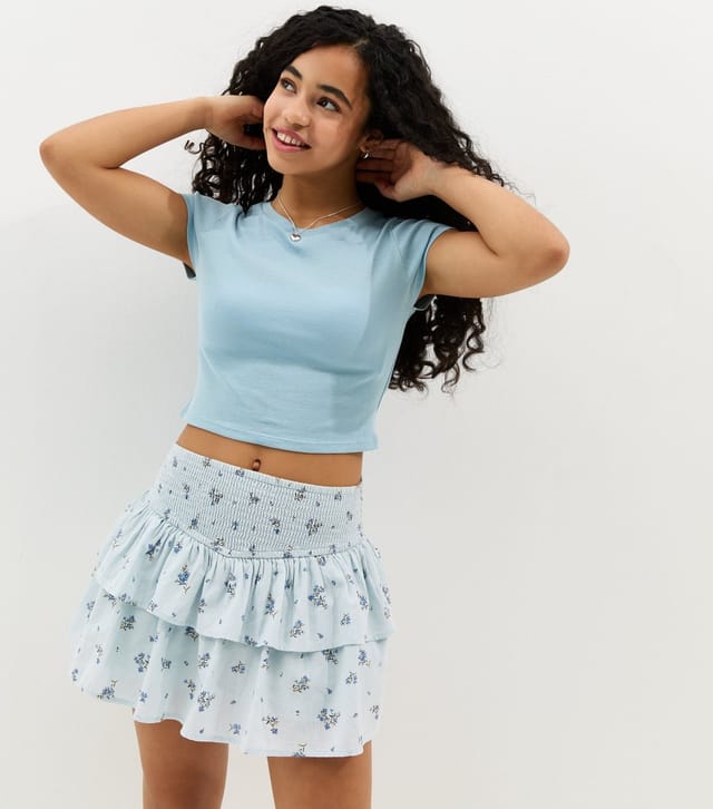 New Look Girls' Blue Cotton Floral Tiered Rara Skort New Look - 2