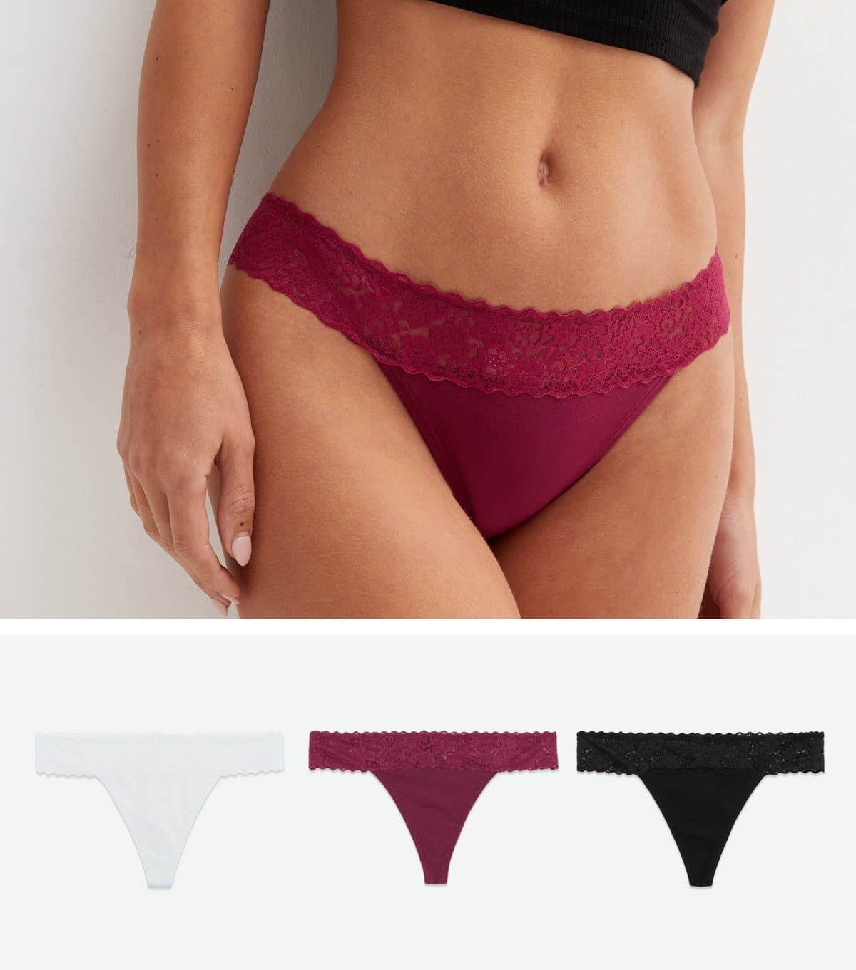 New Look New Look Burgundy, White and Black Lace Waist Thongs 3 Pack