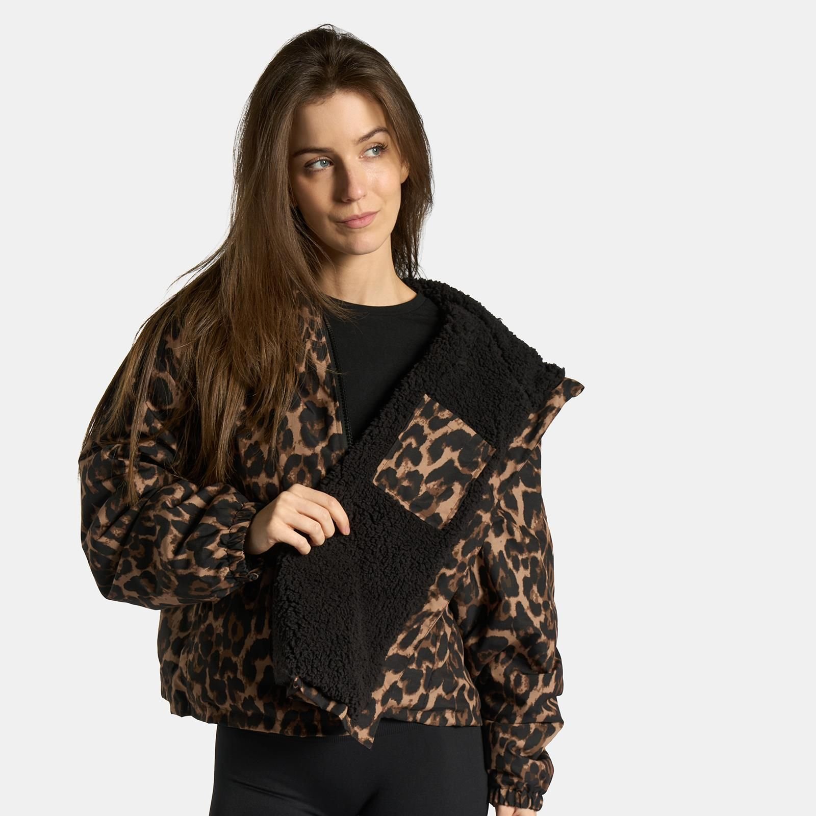 OHS OHS Women's Leopard Sherpa Lined Cropped Drying Changing Robe Water Resistant in Natural - 1