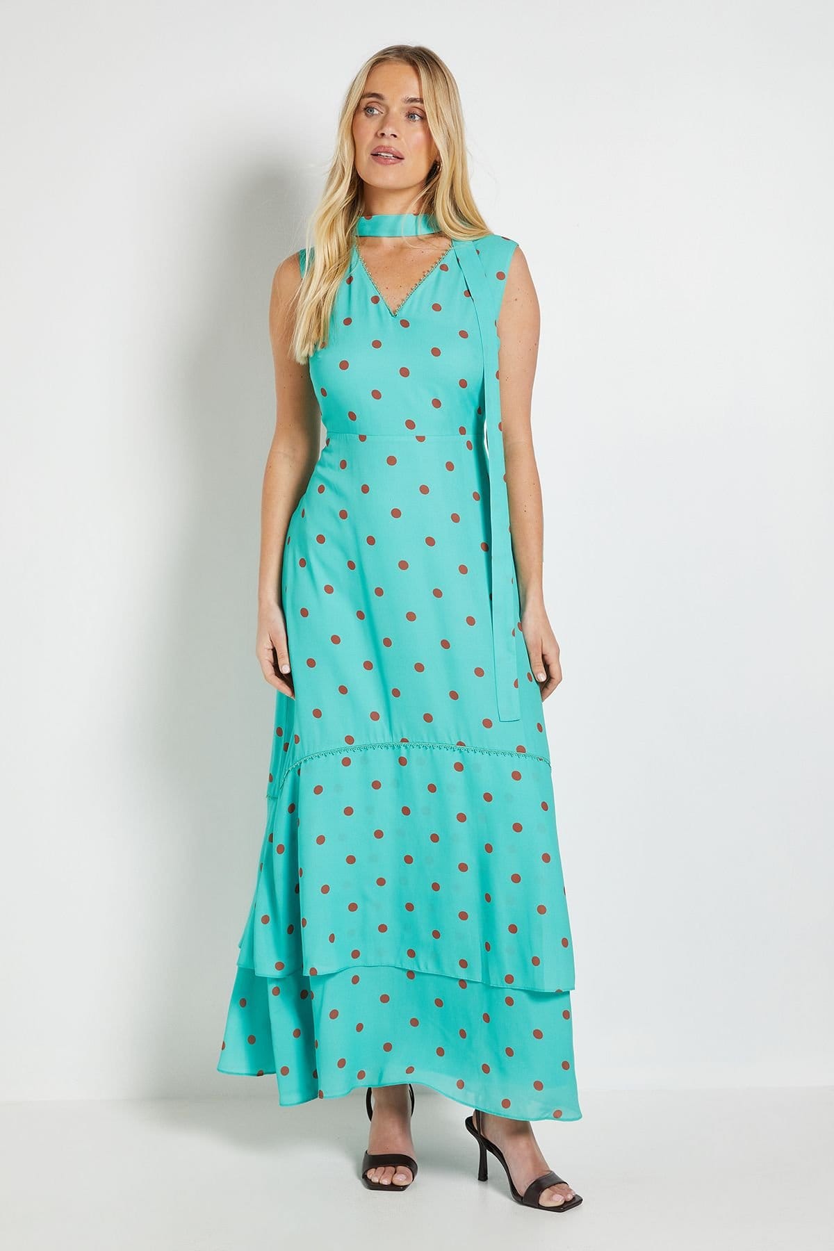 Wallis Women's Petite Polka Dot Scarf Maxi Dress in Green