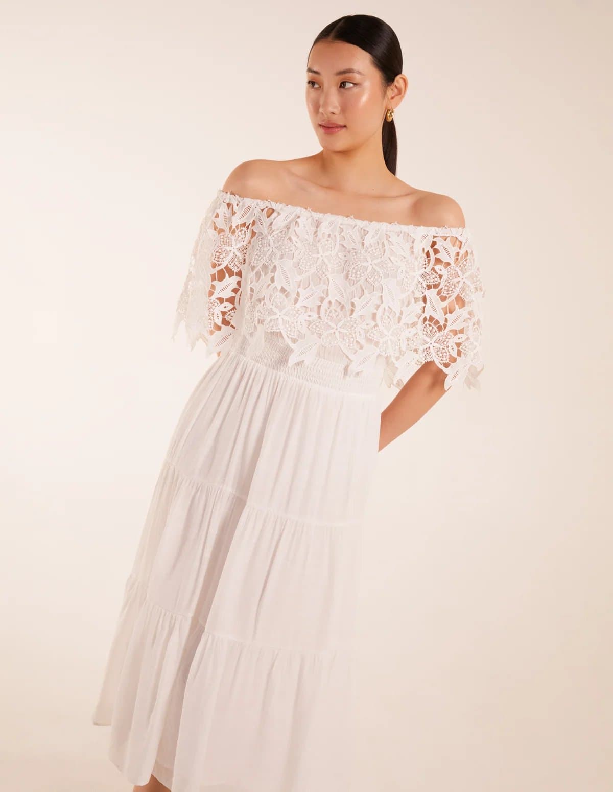 Blue Vanilla Crochet Lace Shirred Waist Midi Dress