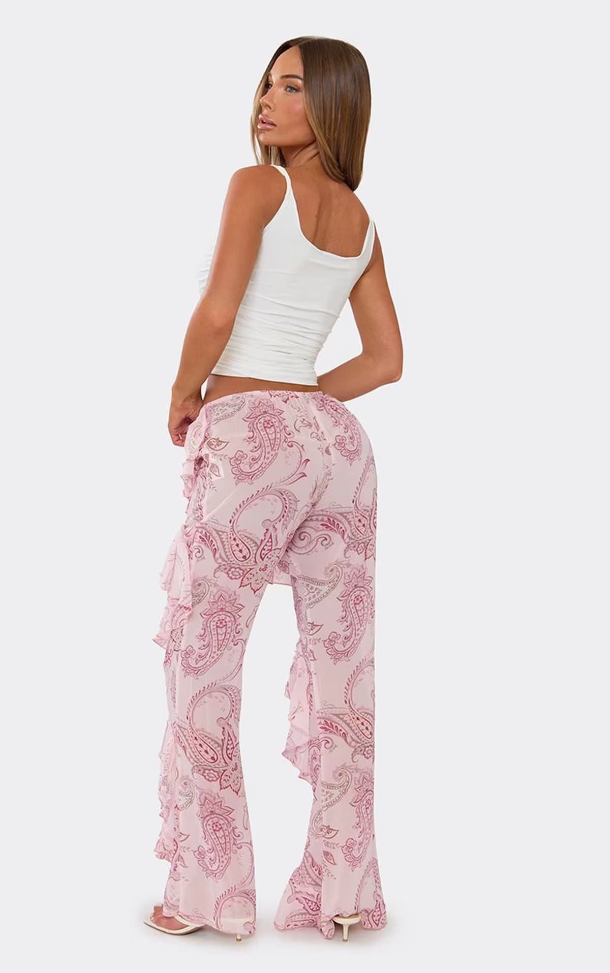 EGO Mid Rise Frill Detail Trousers In Pink Abstract Pattern., Women's Size UK 6