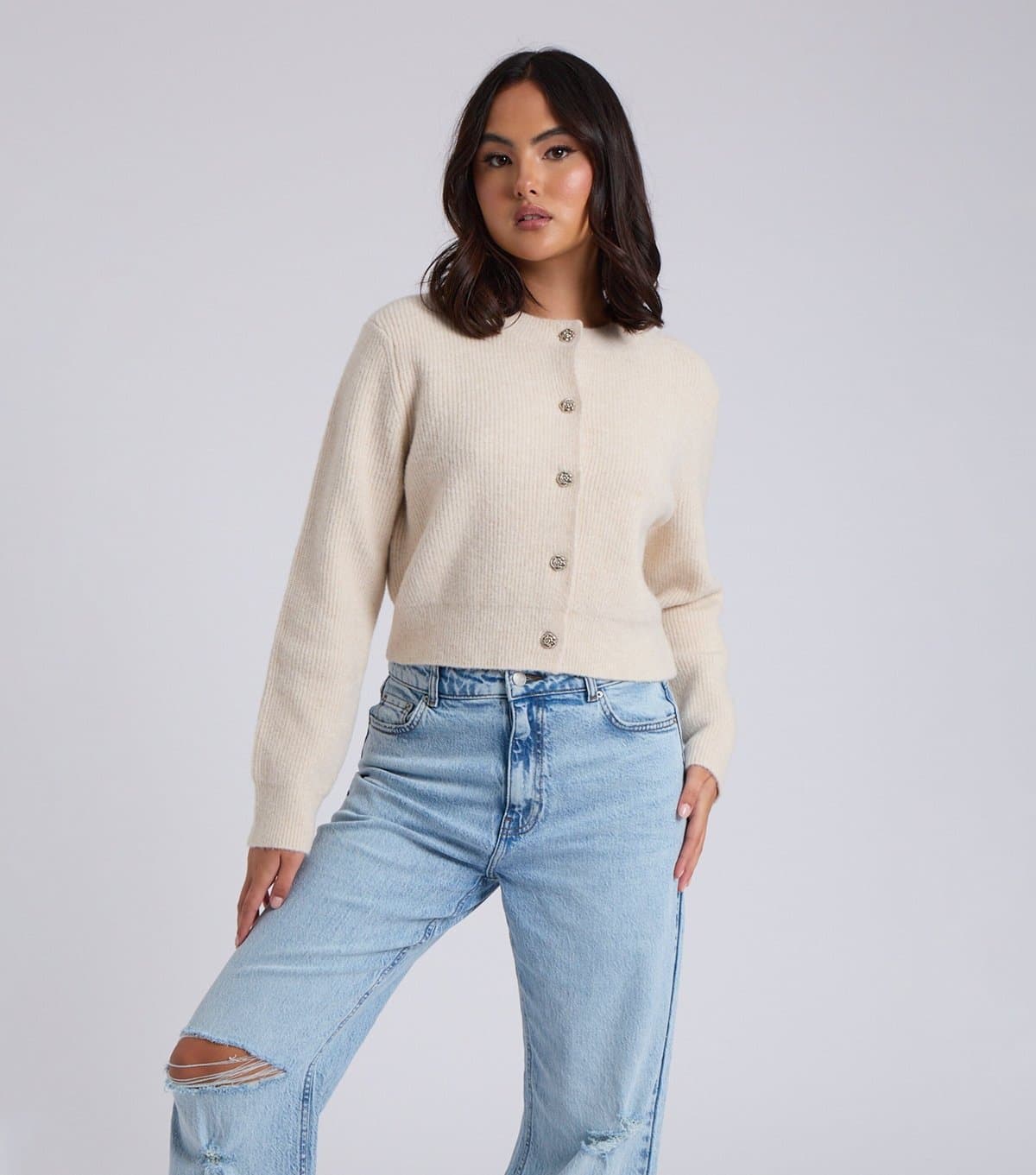Urban Bliss Urban Bliss Cream Ribbed Knit Cropped Cardigan