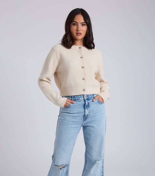 Urban Bliss Women's Cream Floral Button Ribbed Cropped Cardigan Urban Bliss New Look - 2