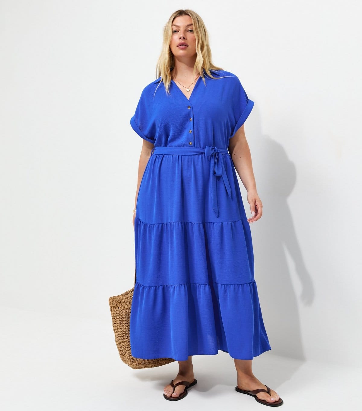 New Look Plus Size Bright Blue Tiered Midi Shirt Dress