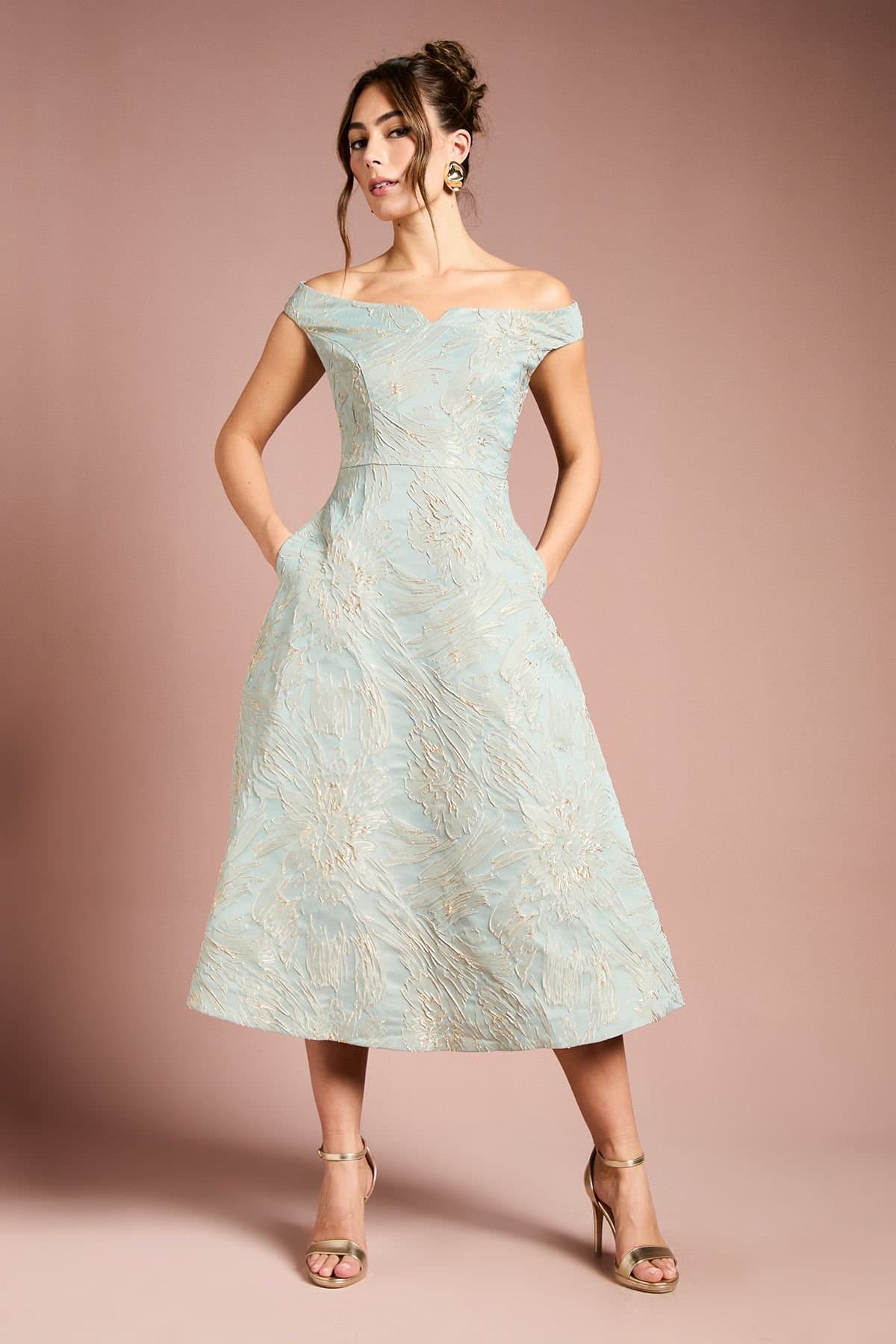 Coast Coast Women's Bardot Floral Jacquard Midi Dress in Sage