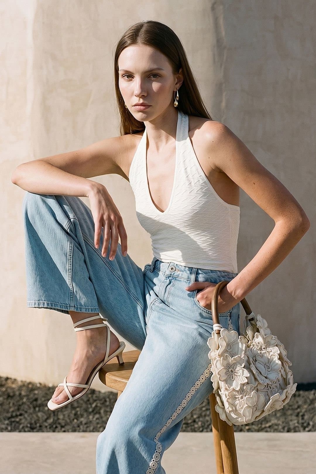 Dilvin Dilvin Women's High-Waist Straight Embroidered Jeans in Light Blue