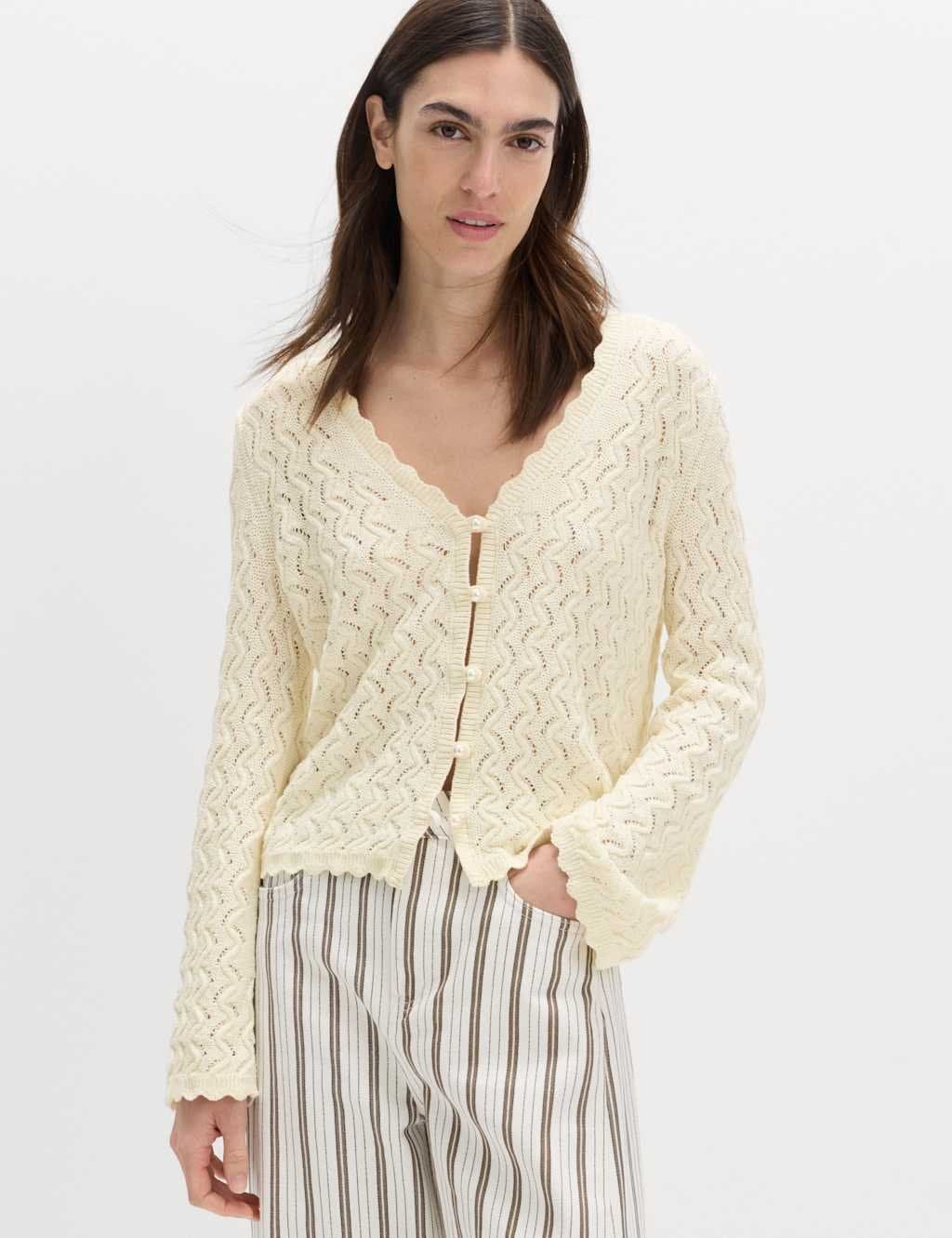Marks & Spencer M&S Cotton Rich Pearl Detail Scallop Edge Cardigan Ivory