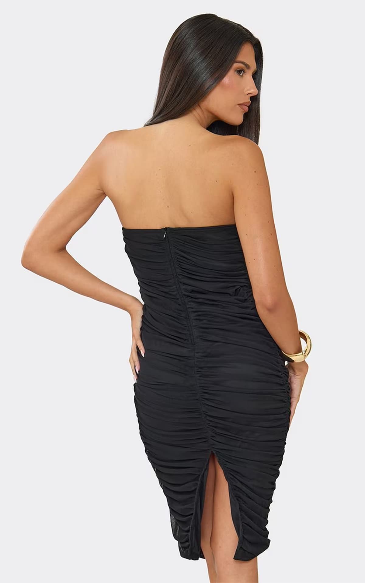 EGO Bandeau Plunge Cup Ruched Detail Midi Dress In Black, Women's Size UK 8