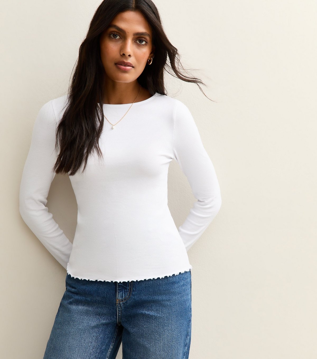 New Look Women's White Ribbed Crew Neck Long Sleeve Top New Look - 3