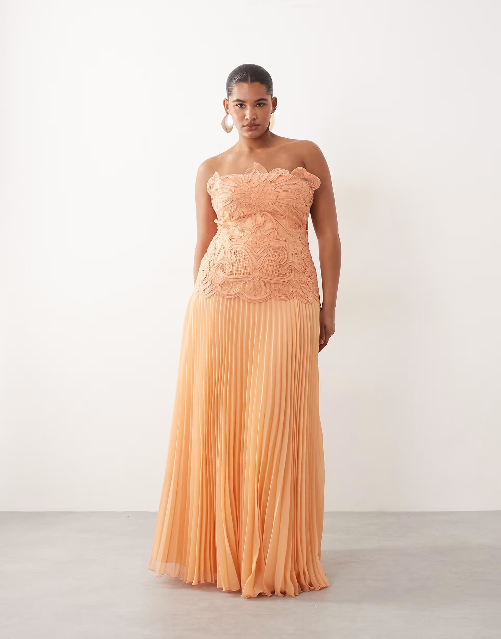 ASOS ARRANGE Curve abstract cut work bandeau maxi dress with pleat skirt in soft peach
