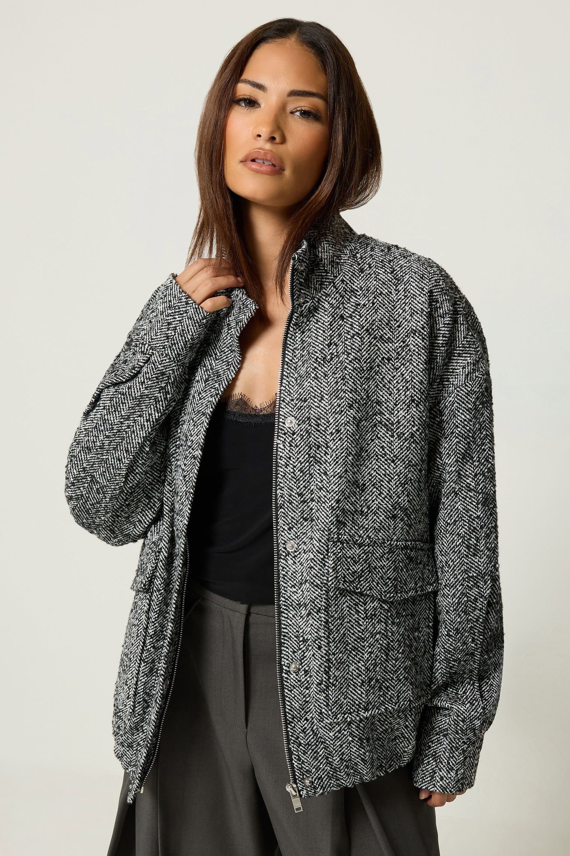 PixieGirl PixieGirl Women's Petite Herringbone Funnel Neck Jacket in Dark Grey