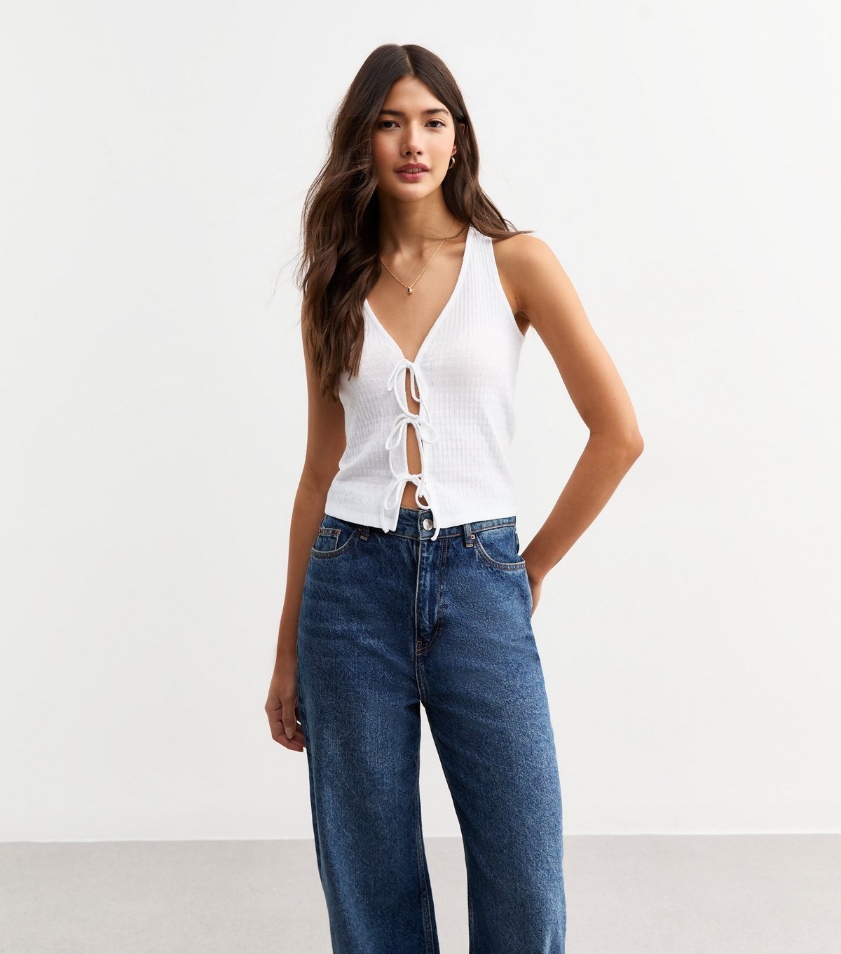 New Look Women's White Ribbed Pointelle Effect Tie Front Vest New Look - 2