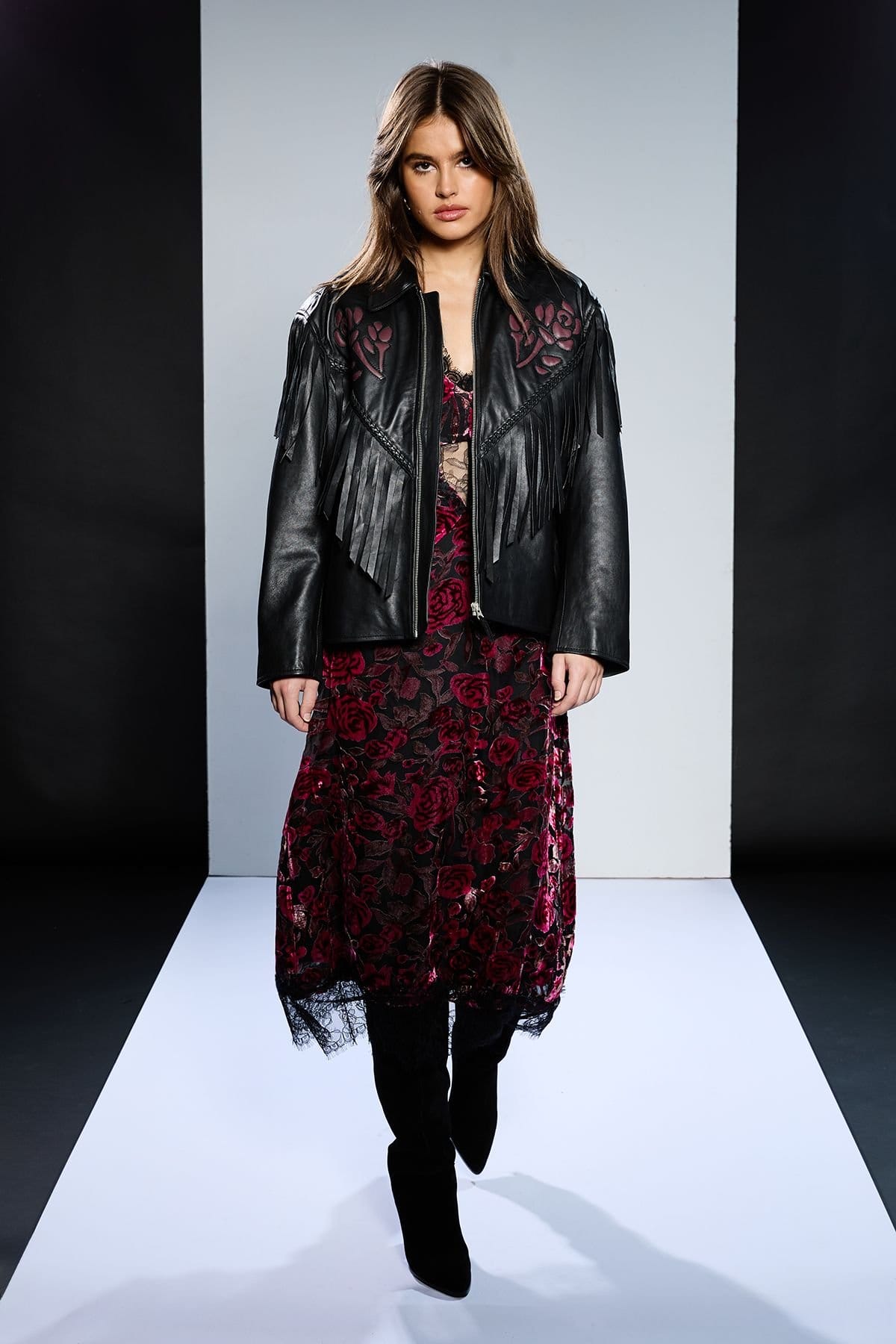 RUNWAY 1.8.1.8 RUNWAY 1.8.1.8 Women's Leather Rose Detail Fringed Jacket in Black - 1