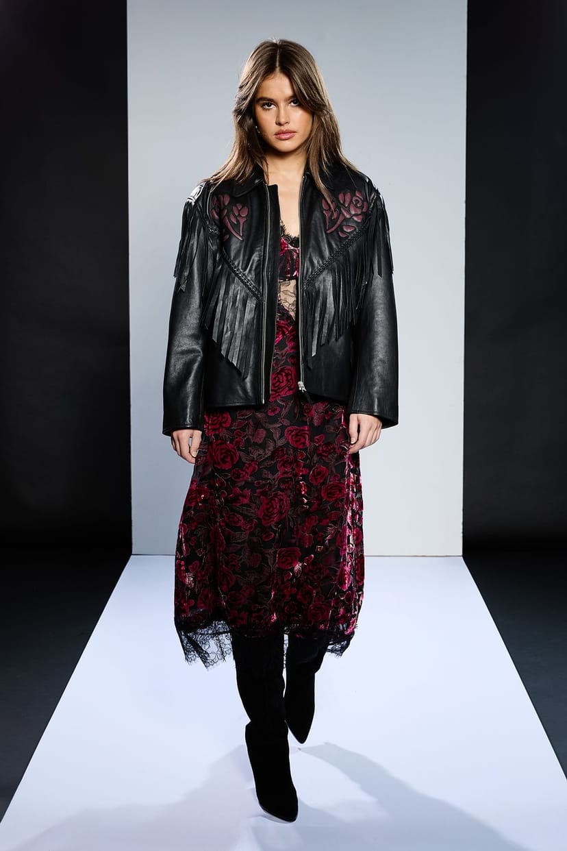 RUNWAY 1.8.1.8 RUNWAY 1.8.1.8 Women's Leather Rose Detail Fringed Jacket in Black - 1