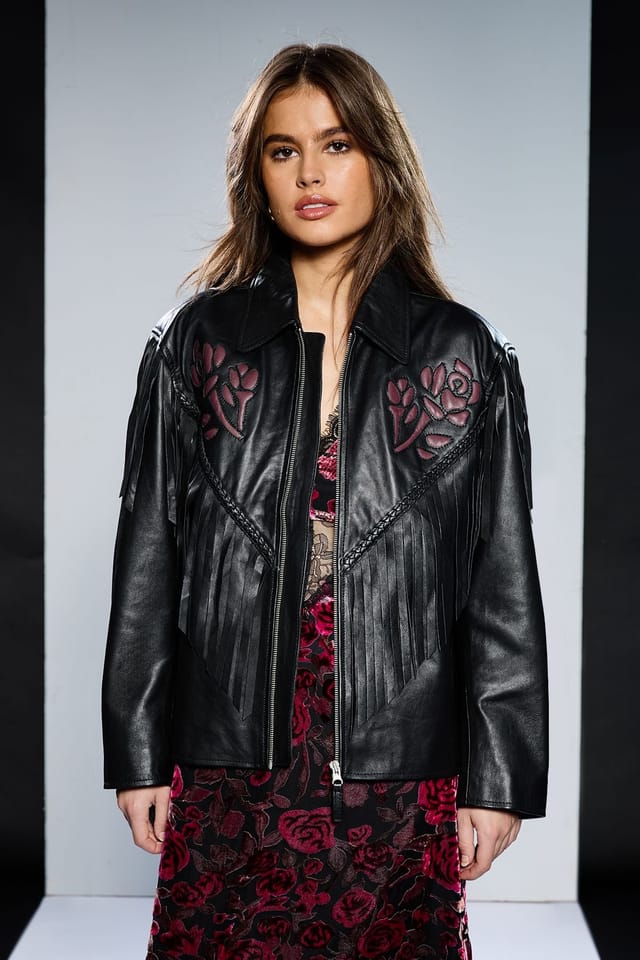 RUNWAY 1.8.1.8 RUNWAY 1.8.1.8 Women's Leather Rose Detail Fringed Jacket in Black - 2