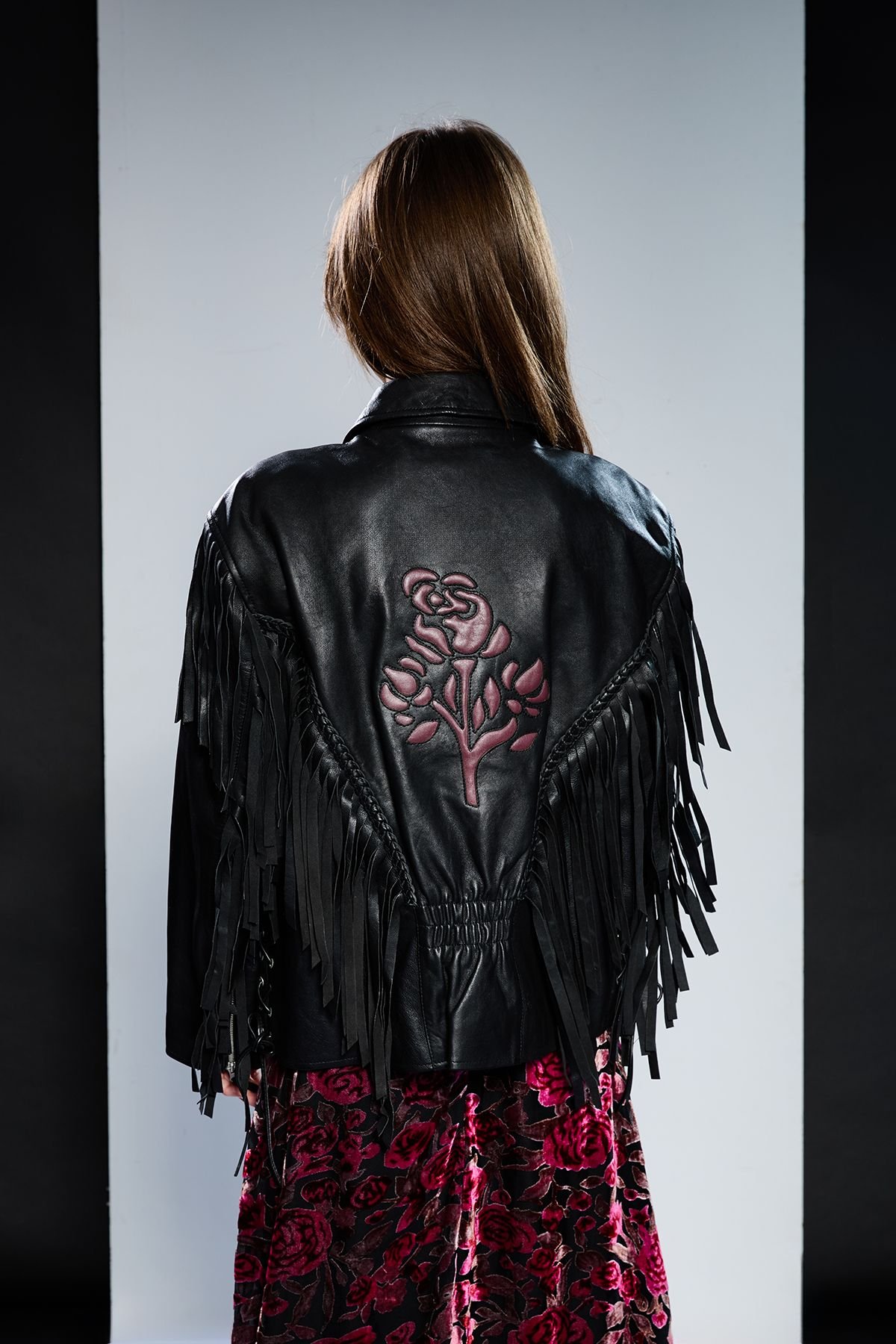RUNWAY 1.8.1.8 RUNWAY 1.8.1.8 Women's Leather Rose Detail Fringed Jacket in Black - 3