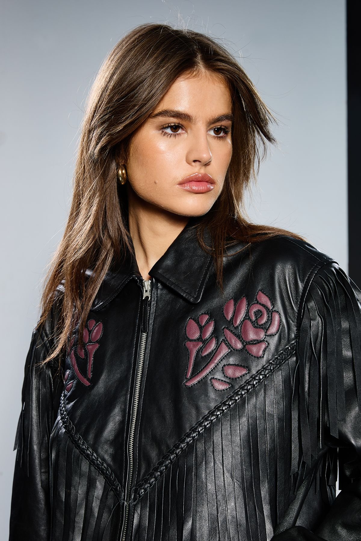 RUNWAY 1.8.1.8 RUNWAY 1.8.1.8 Women's Leather Rose Detail Fringed Jacket in Black - 4