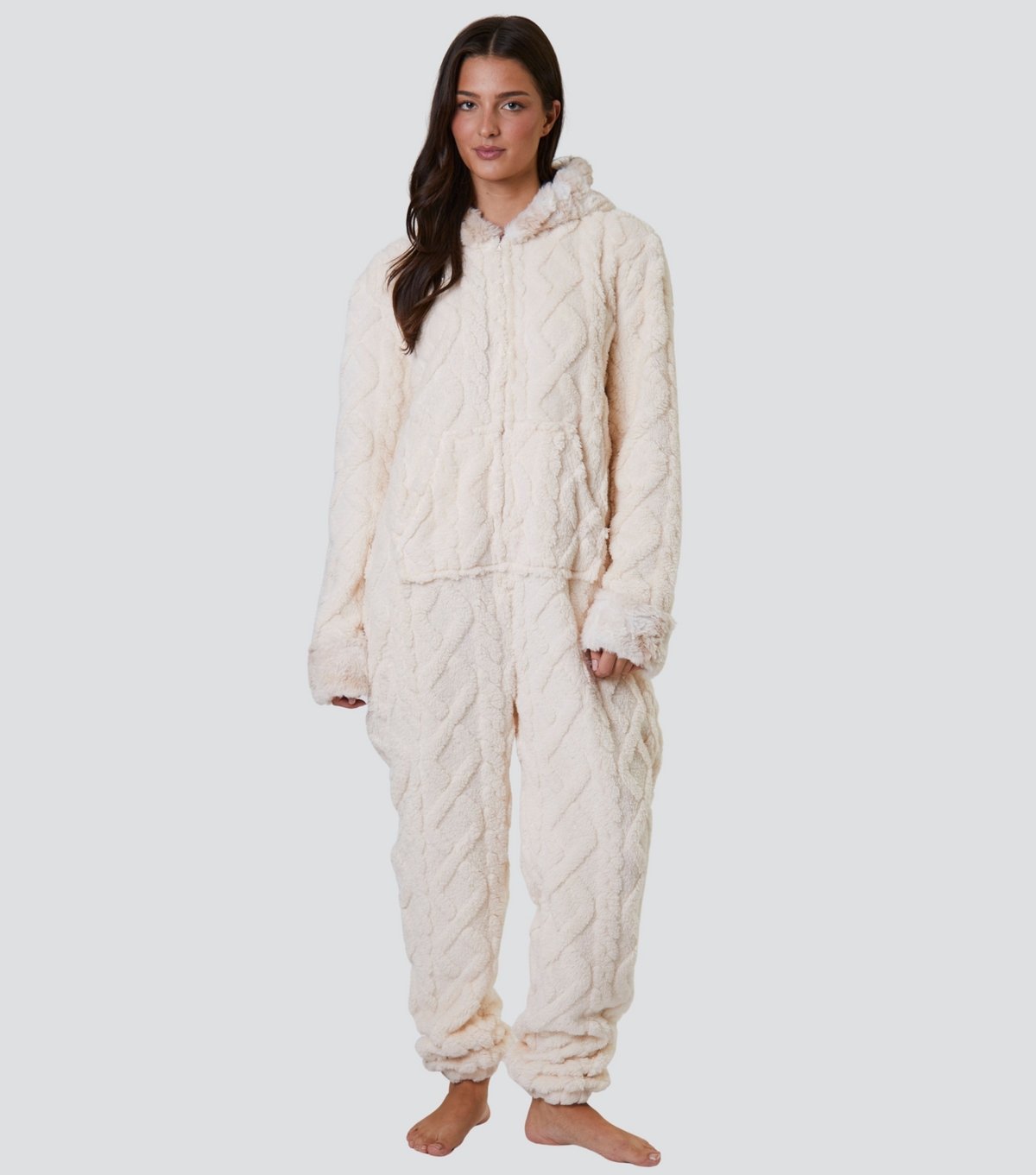 Loungeable Women's Cream Cable Fleece Onesie Loungeable New Look - 3