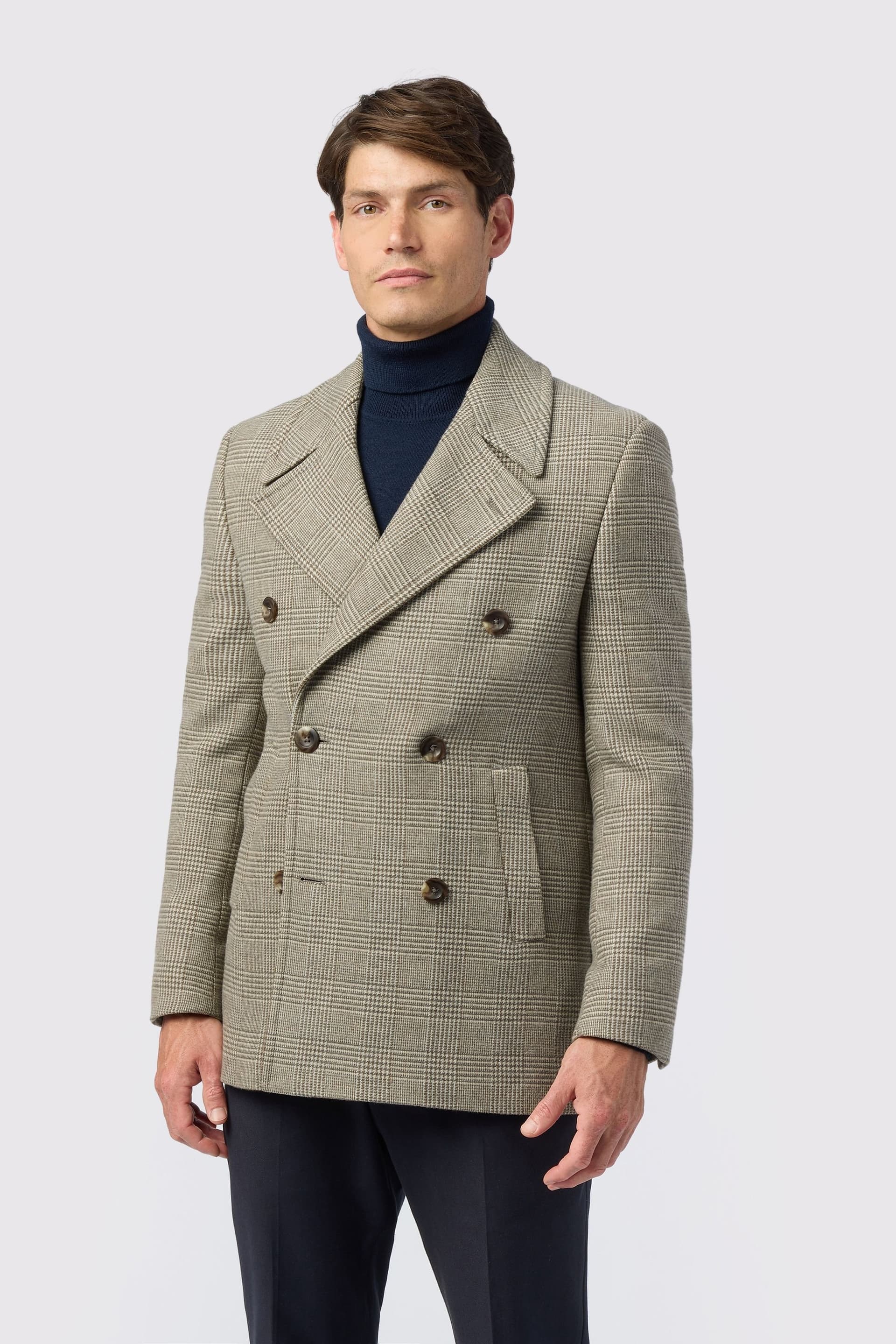 Melka Melka Men's Slim Fit Taupe Check Peacoat in Beige