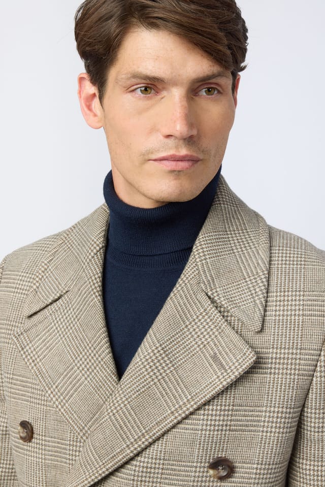 Melka Melka Men's Slim Fit Taupe Check Peacoat in Beige - 3