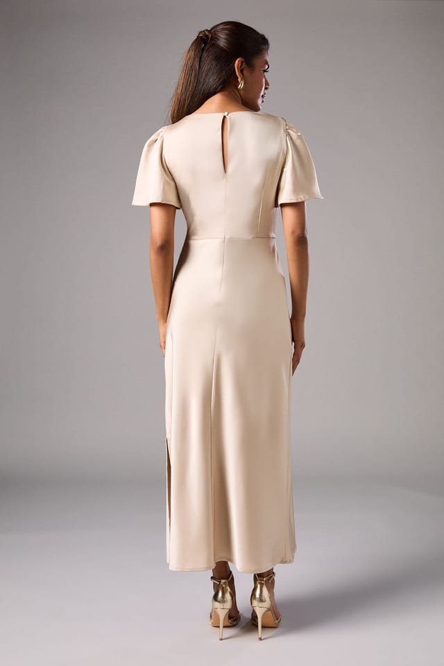 Oasis Oasis Women's Petite Satin Twist Angel Sleeve Midi Bridesmaid Dress in Champagne - 3