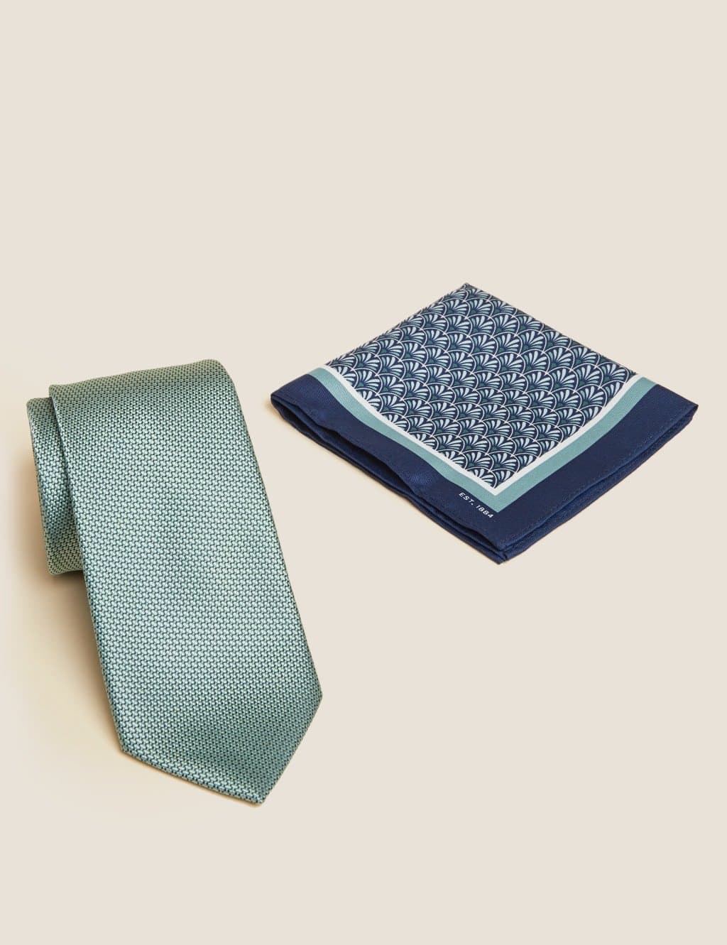 Marks & Spencer M&S Slim Geometric Tie & Pocket Square Set Mint