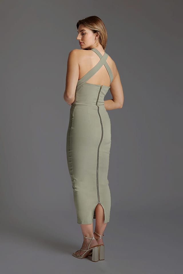Vesper Vesper Women's Halter Neck Bodycon Midaxi Dress in Olive - 3