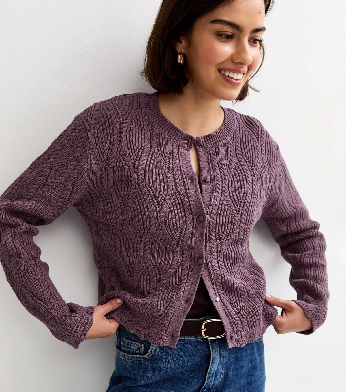 New Look Women's Light Purple Cotton Rich Ladder Stitch Scallop Trim Knitted Cardigan New Look