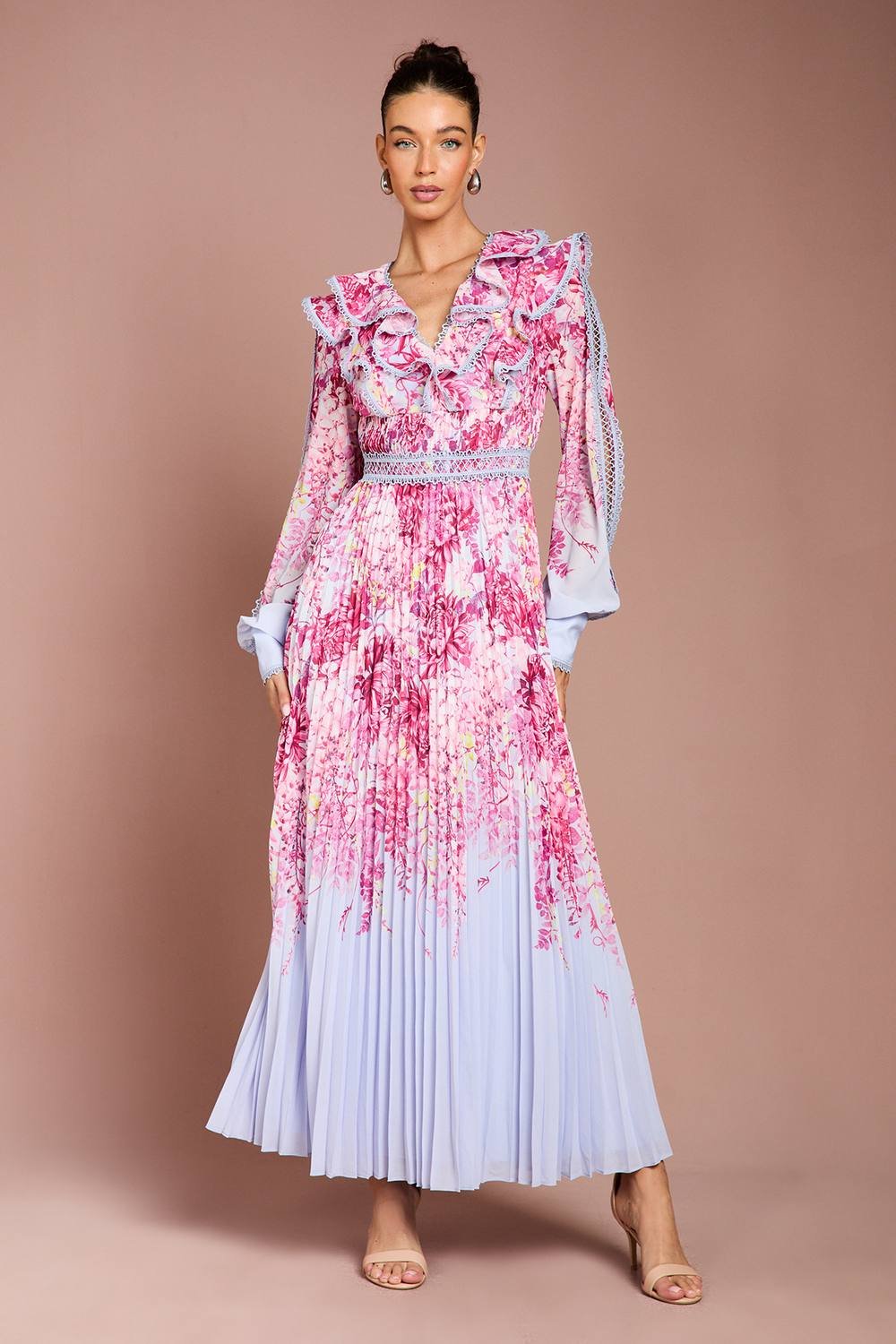 Coast Coast Women's Placement Print Lace Trim Pleated Maxi Dress in Blue - 1