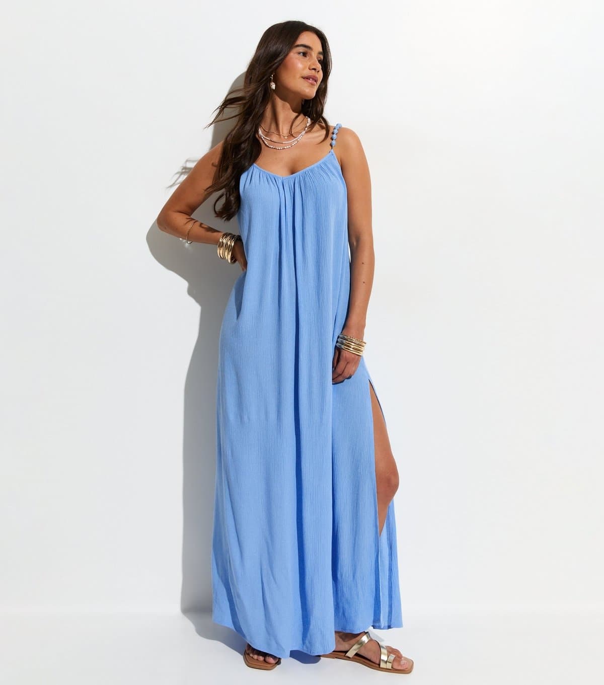 New Look Women's Light Blue Crinkle Texture Beaded Maxi Dress New Look