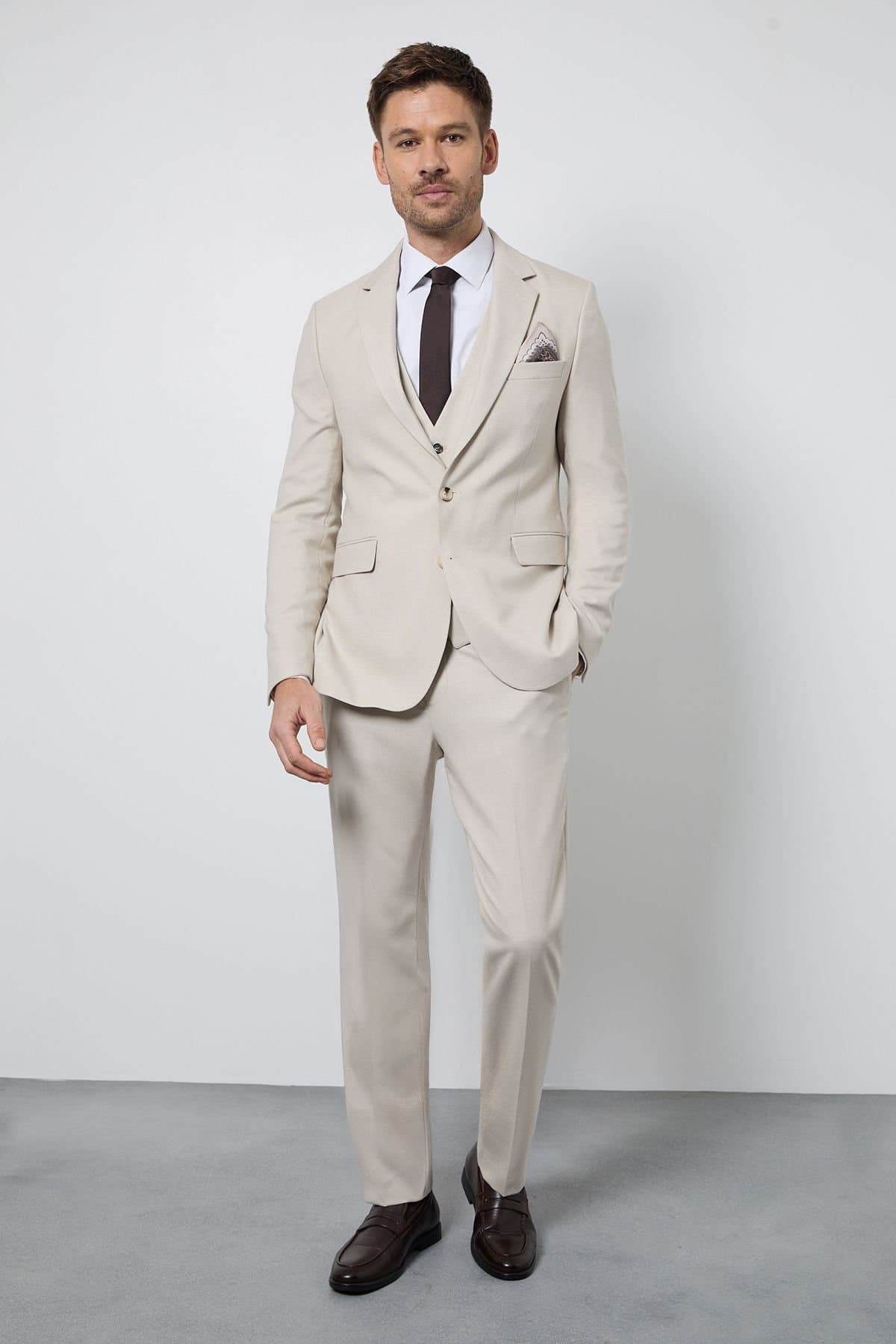 Burton Burton Men's Neutral Textured Slim Fit Suit Trousers