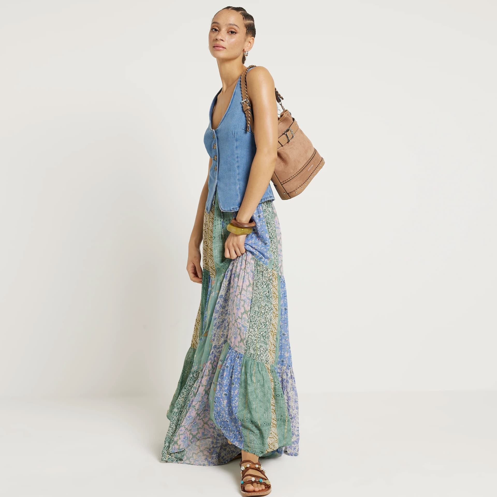 River Island River Island Womens Blue Patchwork Floral Maxi Skirt