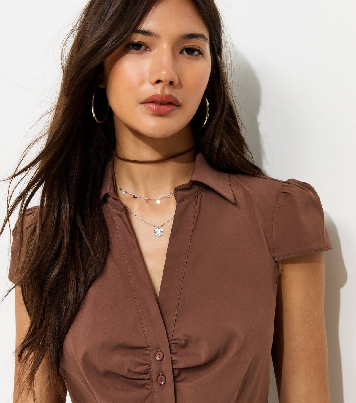 New Look Women's Brown Fitted Double Button Shirt New Look