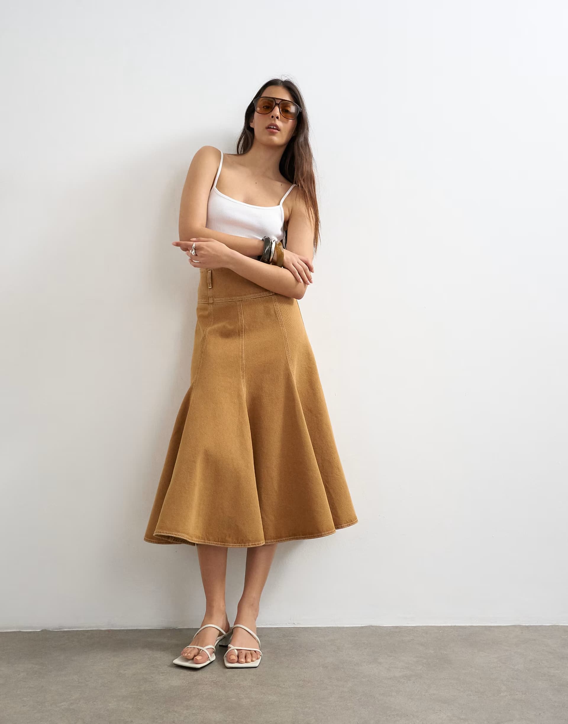 ASOS Topshop denim fit and flare maxi skirt in tobacco