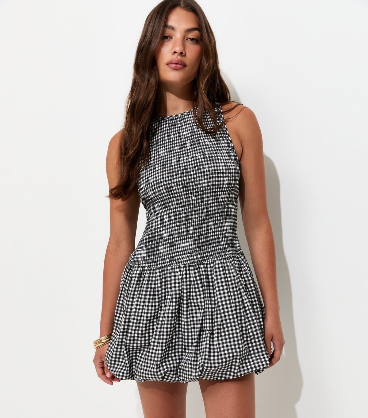 New Look Women's Grey Cotton Gingham Bubble Hem Mini Dress New Look
