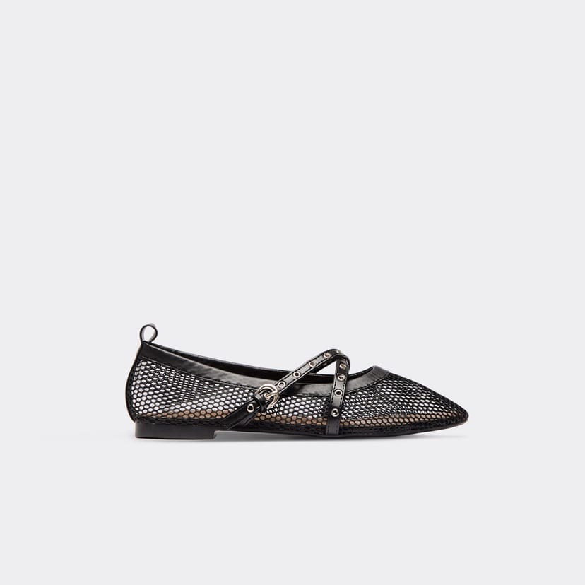 EGO Arrow Cross Buckle Strap Mesh Detailing Flat Ballet Pump In Black Faux Leather, Women's Size UK 3 - 1