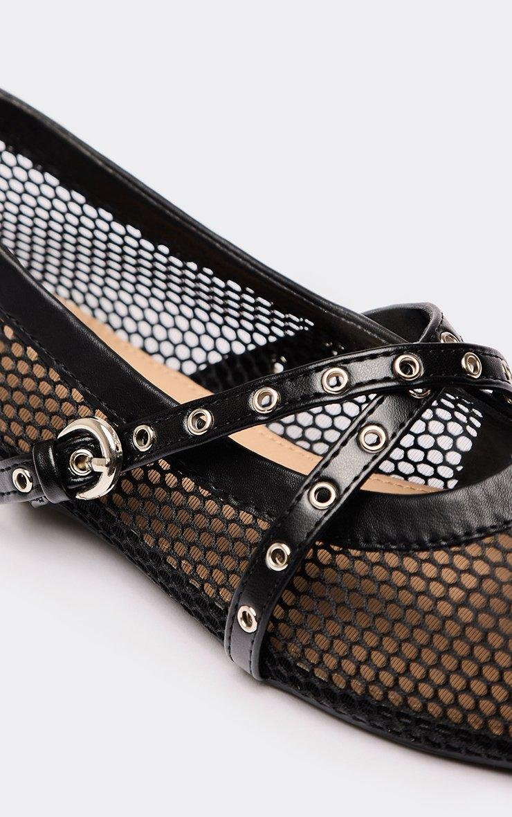 EGO Arrow Cross Buckle Strap Mesh Detailing Flat Ballet Pump In Black Faux Leather, Women's Size UK 3 - 2