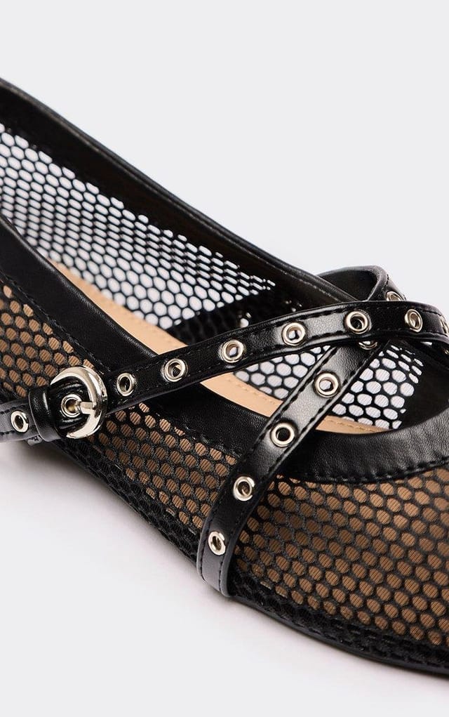 EGO Arrow Cross Buckle Strap Mesh Detailing Flat Ballet Pump In Black Faux Leather, Women's Size UK 3 - 2