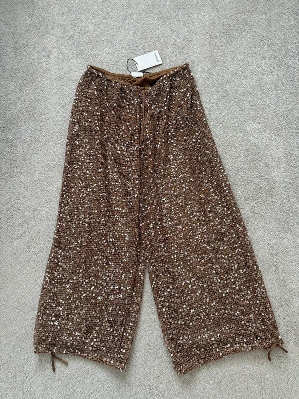 Bershka Brown Sequin Wide-Leg Trousers