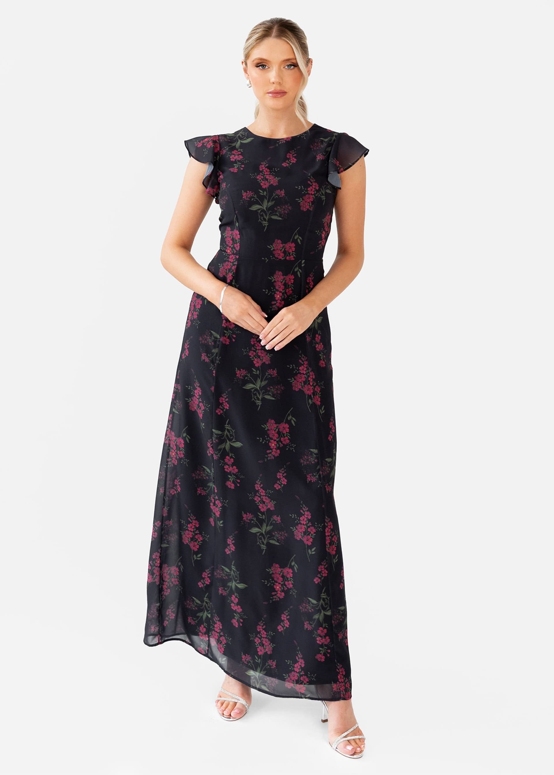 Anaya with Love Anaya with Love Women's Floral Flutter Sleeve Maxi Dress in Black