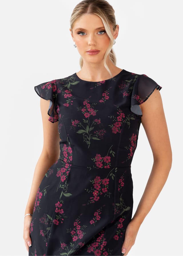 Anaya with Love Anaya with Love Women's Floral Flutter Sleeve Maxi Dress in Black - 2