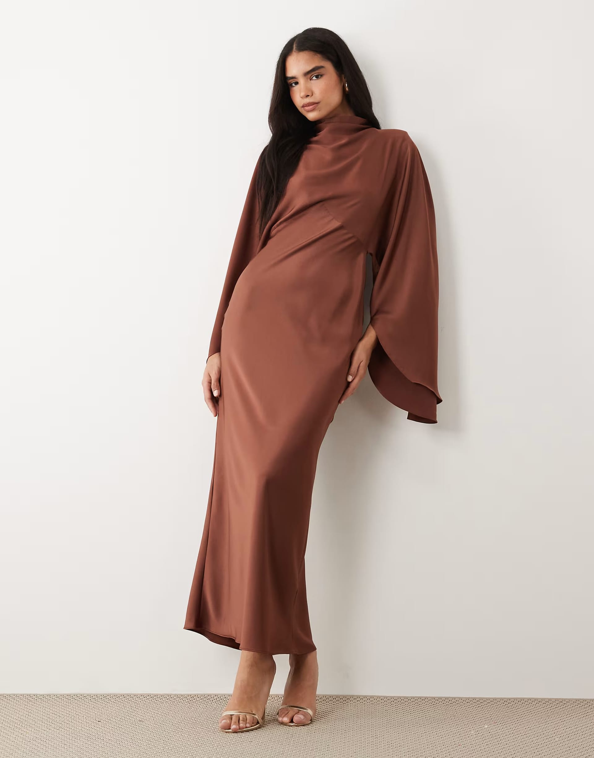 ASOS DESIGN Chocolate Satin Maxi Dress with Funnel Neck and
