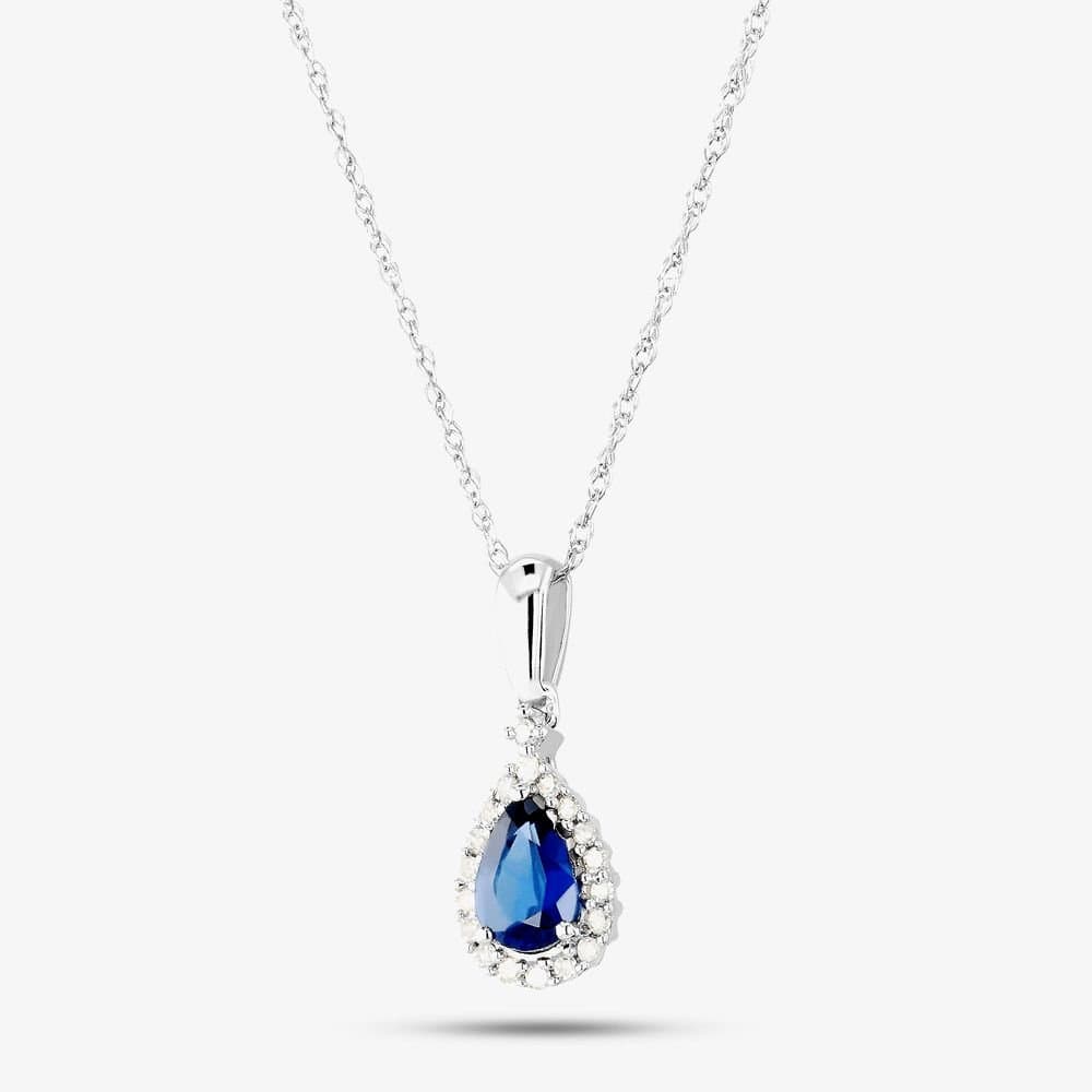 T.H.Baker T.H.Baker Women's 9ct White Gold Diamond Sapphire Pear Shape Pendant VP0S604 9KW-SAPPH in Blue