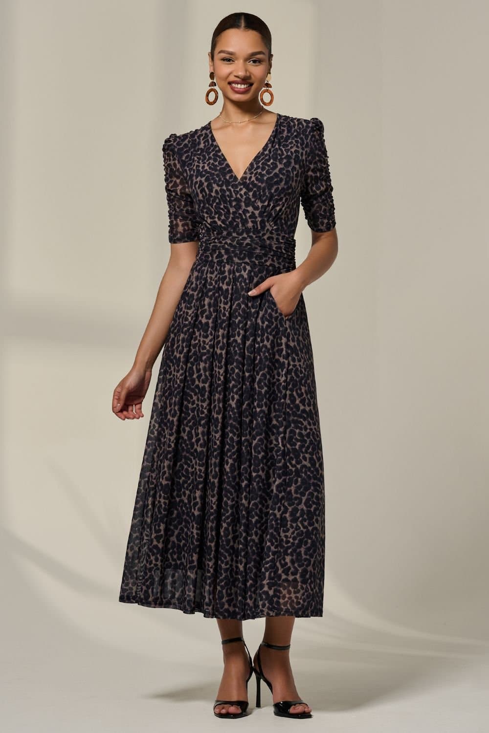 Jolie Moi Jolie Moi Women's Ruched Sleeve Mesh Dress in Brown