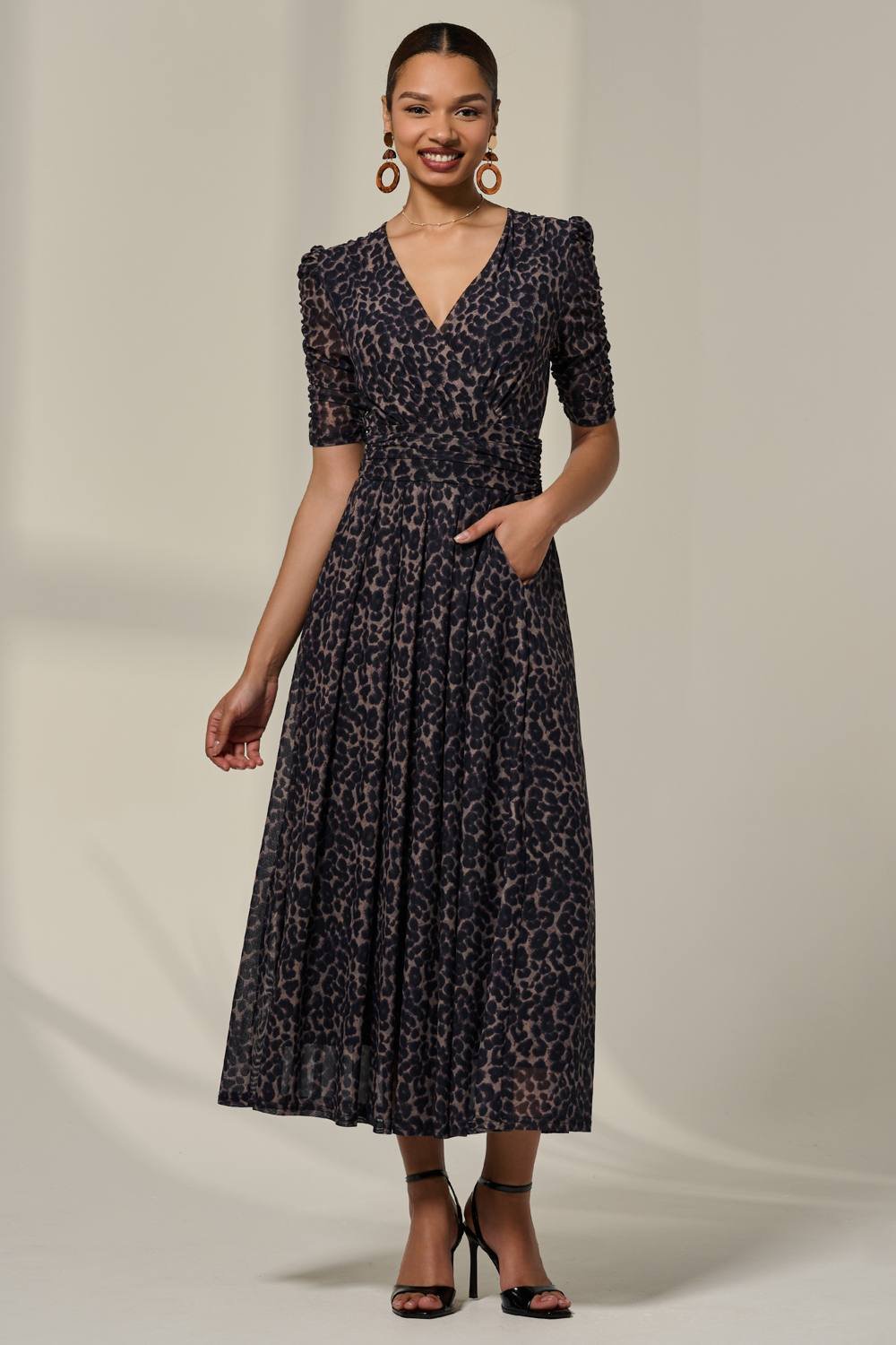 Jolie Moi Jolie Moi Women's Ruched Sleeve Mesh Dress in Brown - 2