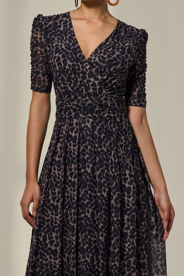 Jolie Moi Jolie Moi Women's Ruched Sleeve Mesh Dress in Brown - 3