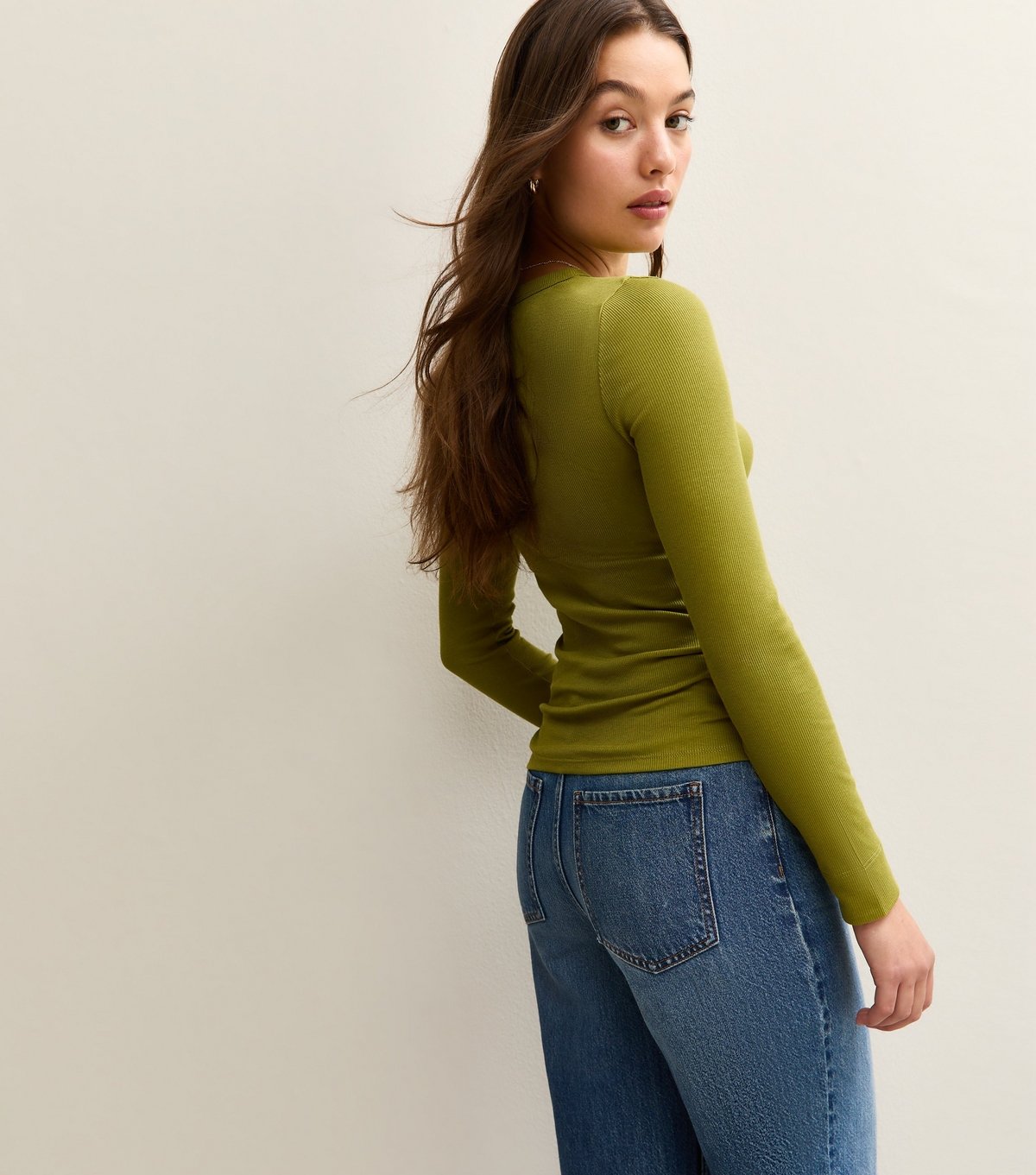 New Look Women's Light Khaki Long Sleeve Ribbed Crew Neck Top New Look - 4