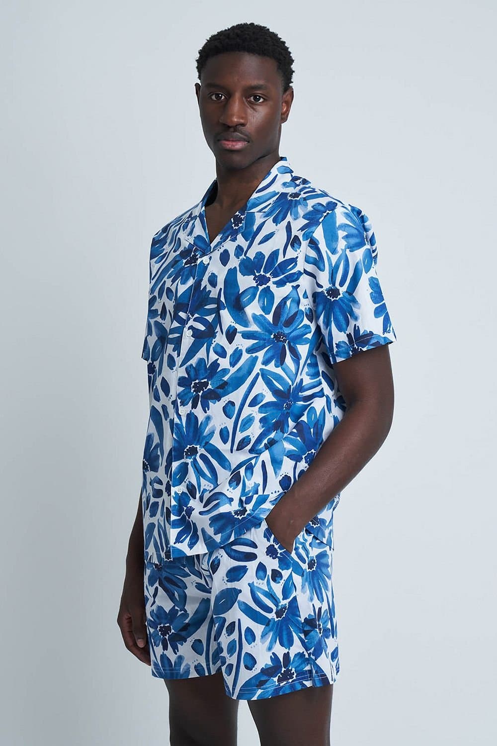 Native Youth Native Youth Men's Cotton Short Sleeve Lightweight Floral Relaxed Shirt in Blue